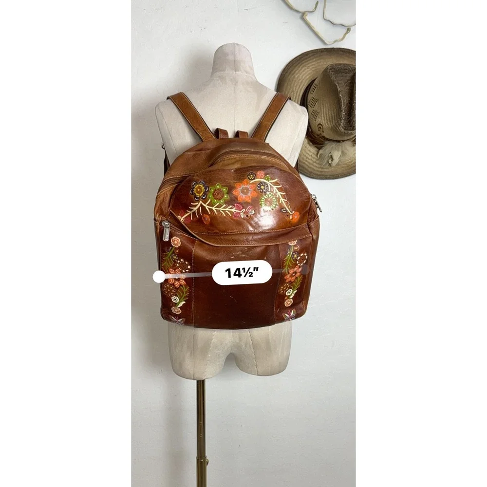 VTG Tooled Leather Backpack Hand Paint Floral Boho western Festival Travel Bag